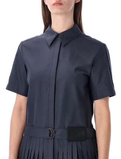 Loewe Structured Cotton-blend Gabardine Button-front Short Dress With Pleated Skirt And D-ring Belt In Blue
