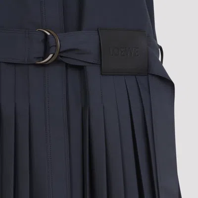 Loewe Structured Cotton-blend Gabardine Button-front Short Dress With Pleated Skirt And D-ring Belt In Blue