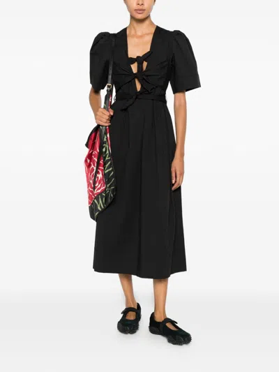 Ganni Belted Bow-embellished Stretch-cotton Poplin Midi Dress In Black