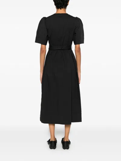 Ganni Belted Bow-embellished Stretch-cotton Poplin Midi Dress In Black