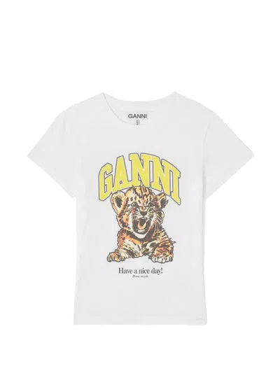 Ganni Organic Cotton T-shirt With Front Print In White