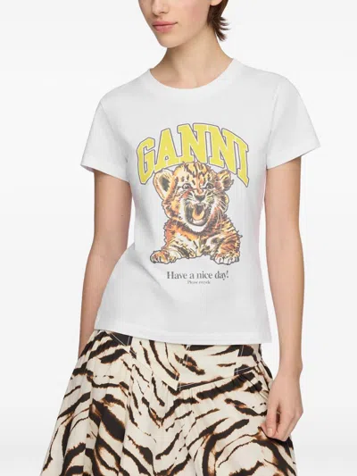 Ganni Organic Cotton T-shirt With Front Print In White