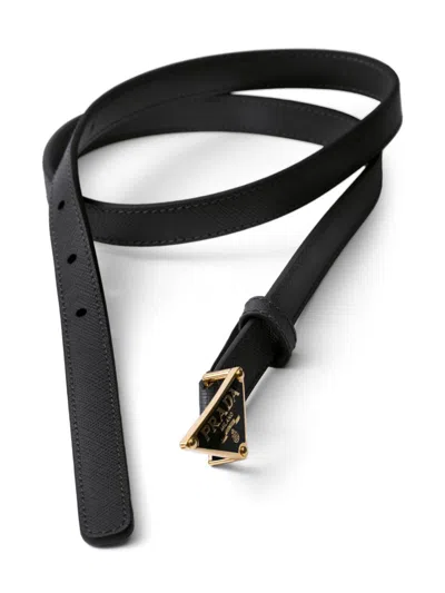 Prada Triangular Buckle Leather Belt In Black