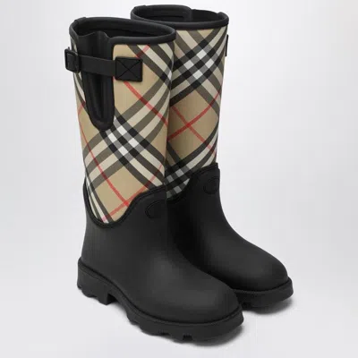 Burberry Woven Check Rain Boots With Adjustable Buckle And Equestrian Design In Black