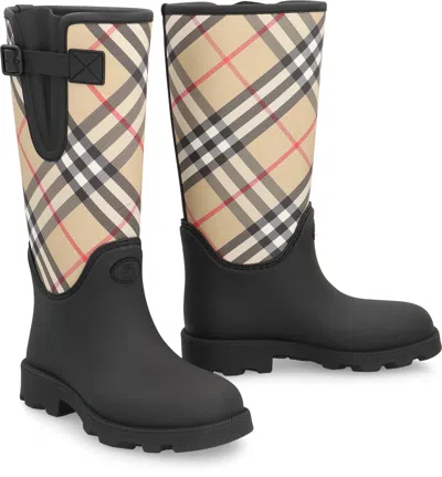Burberry Woven Check Rain Boots With Adjustable Buckle And Equestrian Design In Black