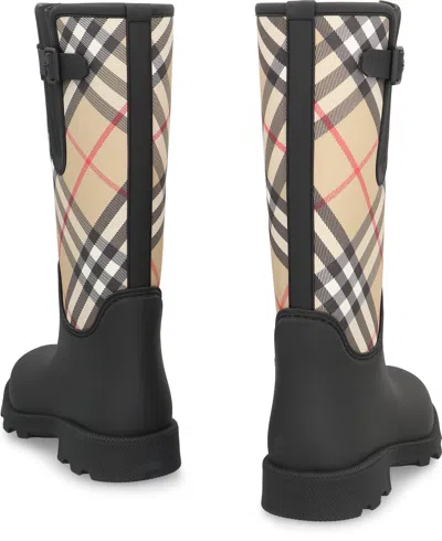 Burberry Woven Check Rain Boots With Adjustable Buckle And Equestrian Design In Black