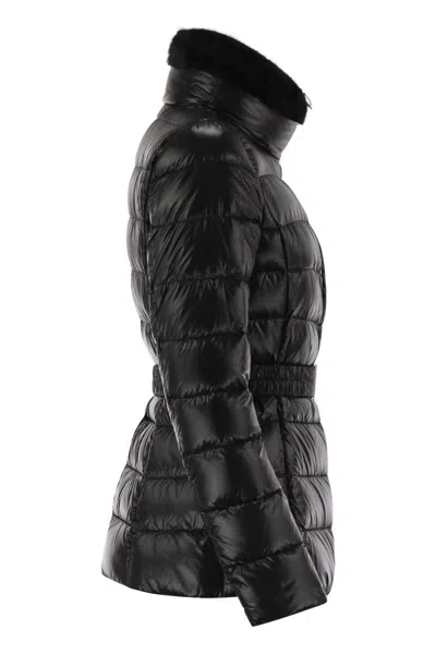 Herno Sofia Fox-collar Belted Quilted Nylon Down Jacket In Black