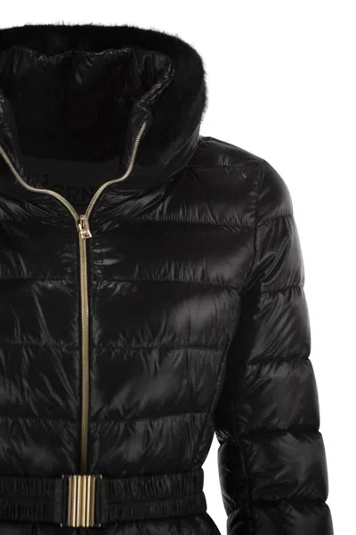 Herno Sofia Fox-collar Belted Quilted Nylon Down Jacket In Black