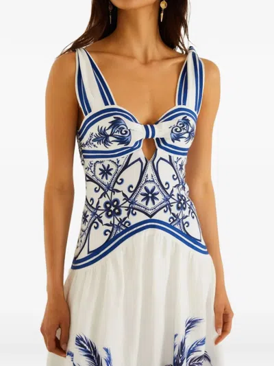 Farm Rio Fitted Linen Long Dress With Wonderful City Print And Striped Shoulder Straps In White