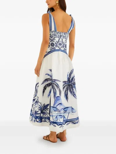 Farm Rio Fitted Linen Long Dress With Wonderful City Print And Striped Shoulder Straps In White