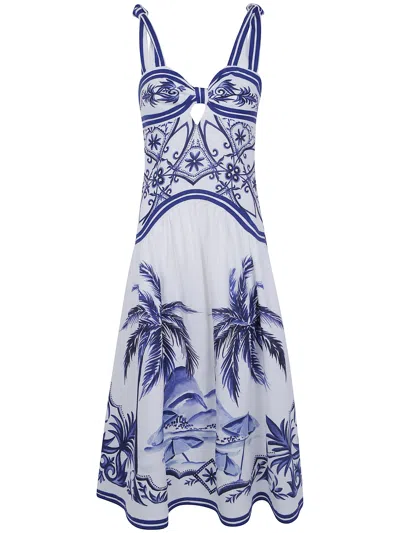 Farm Rio Fitted Linen Long Dress With Wonderful City Print And Striped Shoulder Straps In White