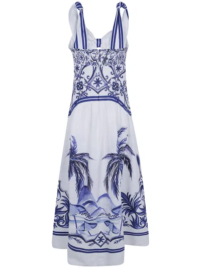 Farm Rio Fitted Linen Long Dress With Wonderful City Print And Striped Shoulder Straps In White