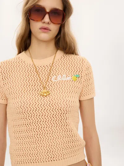 Chloé Chloe Logo-intarsia Open-knit Cotton T-shirt In Orange