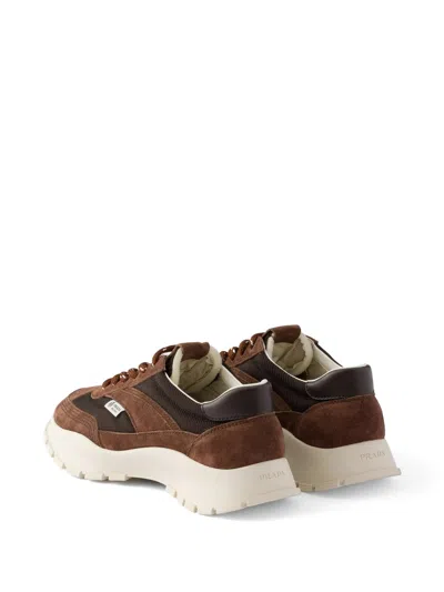 Prada Brown Leather Rete Tech Sneakers In Brown