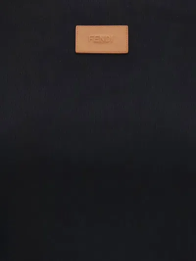 Fendi Cotton Crewneck Logo Top With Ribbed Knit And Leather Patch In Black