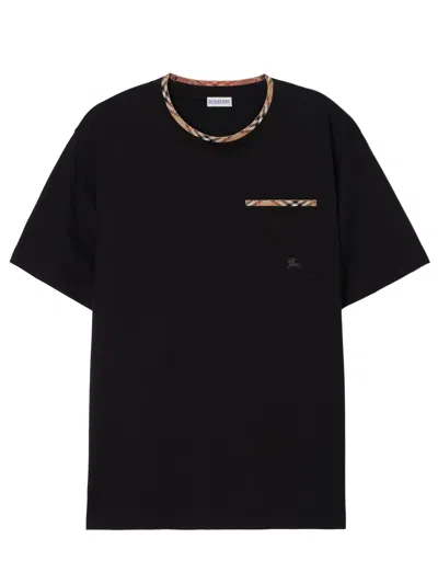 Burberry Cotton Logo T-shirt With Checkered Trim And Chest Pocket In Black