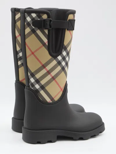 Burberry Woven Check Rain Boots With Adjustable Buckle And Equestrian Design In Black