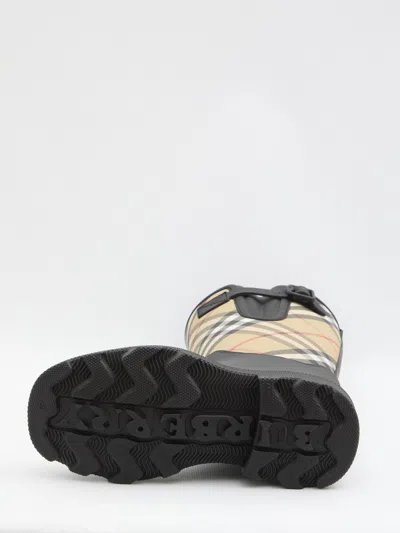Burberry Woven Check Rain Boots With Adjustable Buckle And Equestrian Design In Black