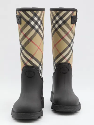 Burberry Woven Check Rain Boots With Adjustable Buckle And Equestrian Design In Black