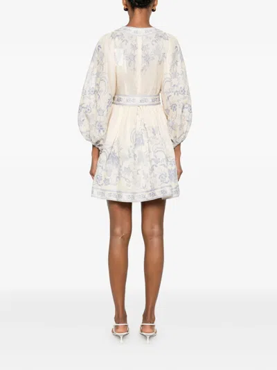 Zimmermann Womens Indra Plunge Linen Mini Dress Cream Lilac Floral In Neutral