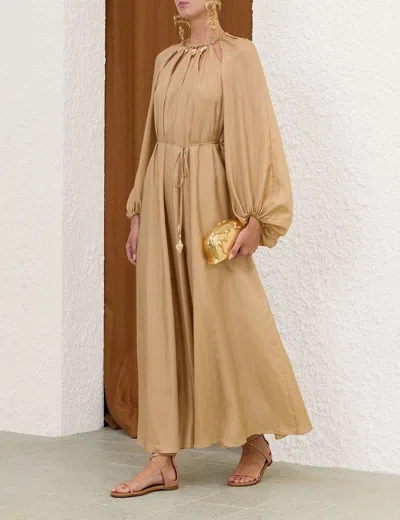 Zimmermann Silk Mini Dress With Billow Sleeves And Adjustable Chain In Brown