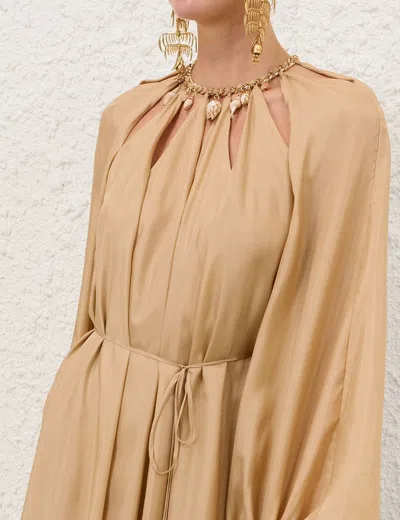 Zimmermann Silk Mini Dress With Billow Sleeves And Adjustable Chain In Brown
