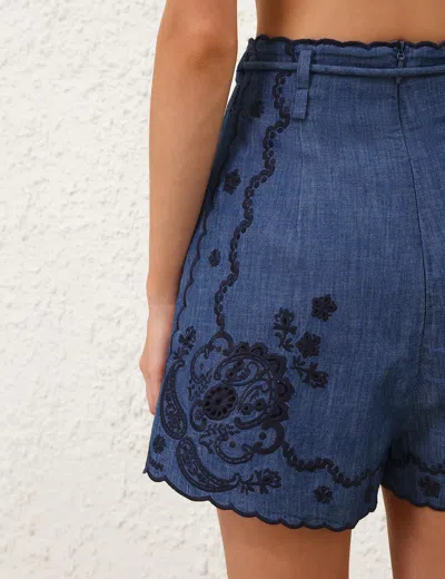 Zimmermann Floral High-waisted Mini Shorts With Self-tie Belt In Blue