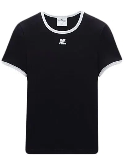Courrèges Courreges Women Cotton T Shirt With Contrasting Profiles In Black