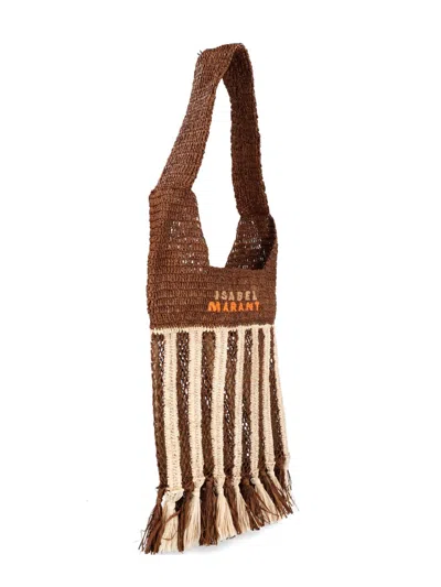 Isabel Marant Handwoven Raffia Tote Bag With Fringe And Logo Detail In Brown