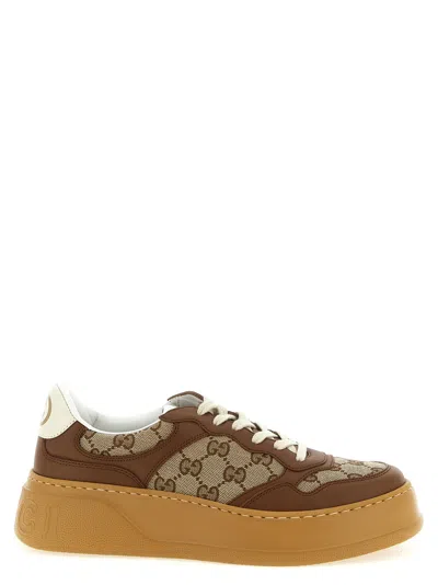 Gucci Gg Platform Sneakers In Leather And Cotton Blend With Gg Jacquard Monogram In Brown