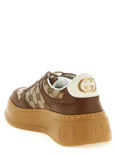 Gucci Gg Platform Sneakers In Leather And Cotton Blend With Gg Jacquard Monogram In Brown