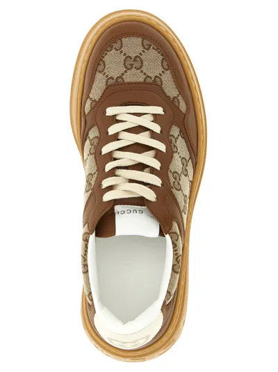 Gucci Gg Platform Sneakers In Leather And Cotton Blend With Gg Jacquard Monogram In Brown