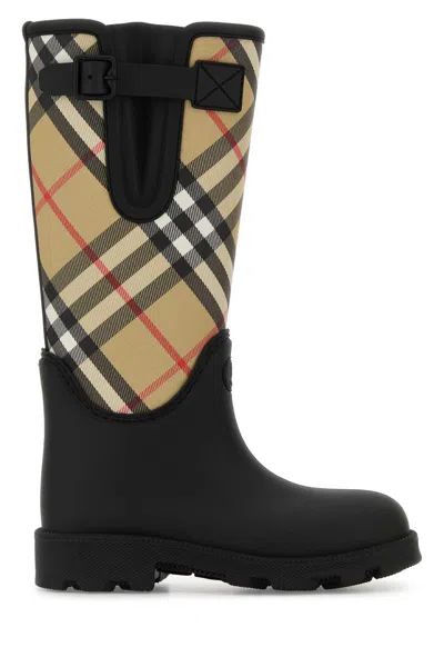 Burberry Woven Check Rain Boots With Adjustable Buckle And Equestrian Design