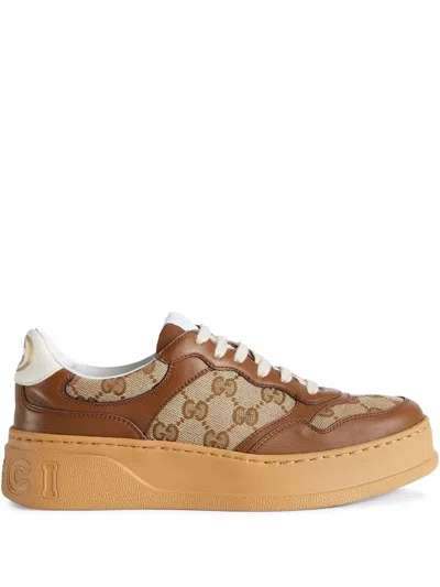 Gucci Gg Platform Sneakers In Leather And Cotton Blend With Gg Jacquard Monogram In Multi