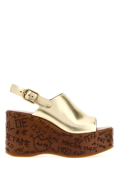 Chloé Maxime Leather Wedge Mules Slingback Platform In Gold