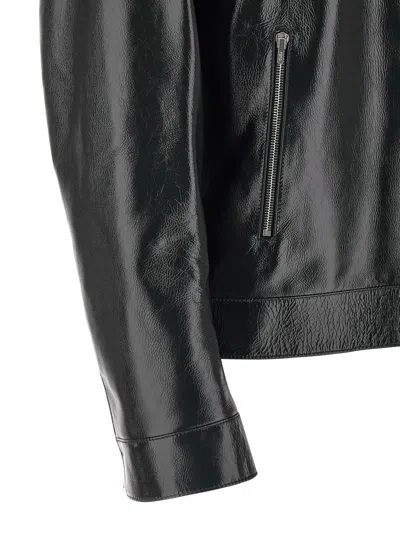 Fendi Leather Jacket Front Pockets Snap Button Cuffs In Black