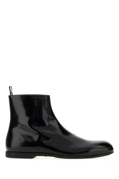 Jil Sander Leather Ankle Boots Flat Sole Pull Tab In Black