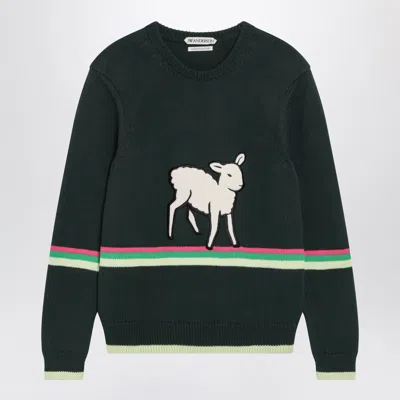 Jw Anderson Sheep Embroidered Striped Cotton Sweater In Green