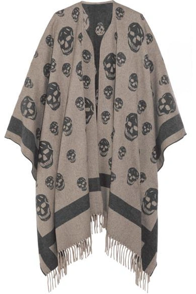 Shop Alexander Mcqueen Reversible Intarsia Wool And Cashmere-blend Cape In Gray
