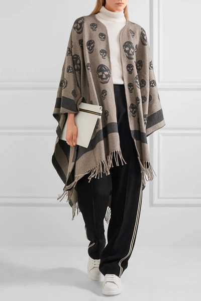 Shop Alexander Mcqueen Reversible Intarsia Wool And Cashmere-blend Cape In Gray