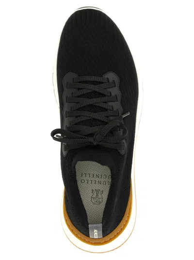 Brunello Cucinelli Cotton Knit And Semi-polished Calfskin Runner Sneakers In Black