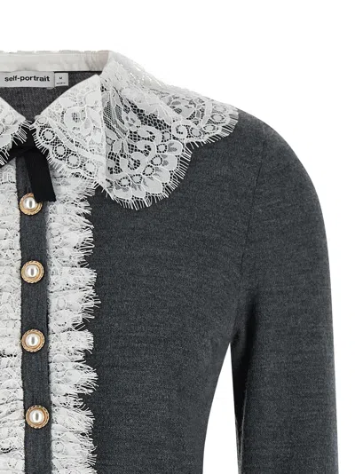 Self-portrait Self Portrait Knitted Wool Cardigan With Lace Collar In Grey In Gray