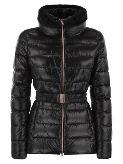 Herno Sofia Fox-collar Belted Quilted Nylon Down Jacket In Black