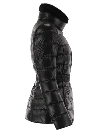 Herno Sofia Fox-collar Belted Quilted Nylon Down Jacket In Black