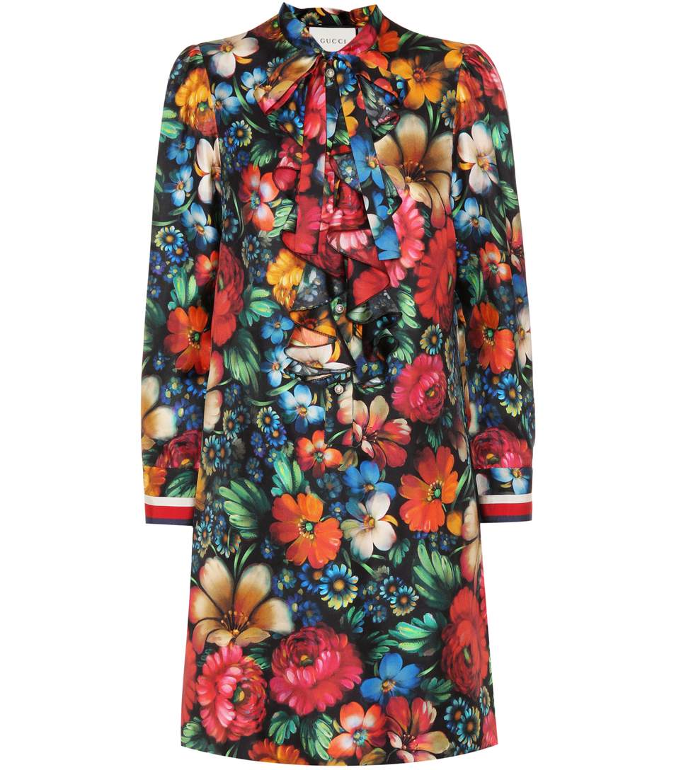 Gucci Multicolor Floral Print Silk Dress In Black Pattern | ModeSens