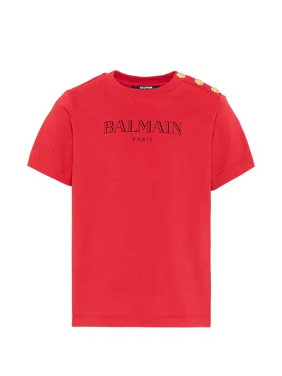 Balmain Logo-print Button-detail T-shirt In Red