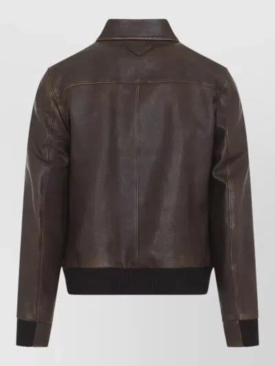 Prada Collared Long-sleeved Leather Jacket In Multi