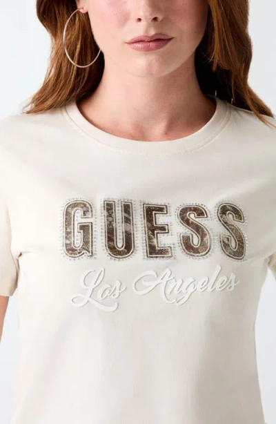 Guess Snake Script Rhinestone Graphic T-shirt In White