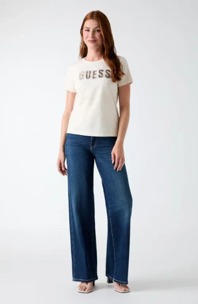 Guess Snake Script Rhinestone Graphic T-shirt In White