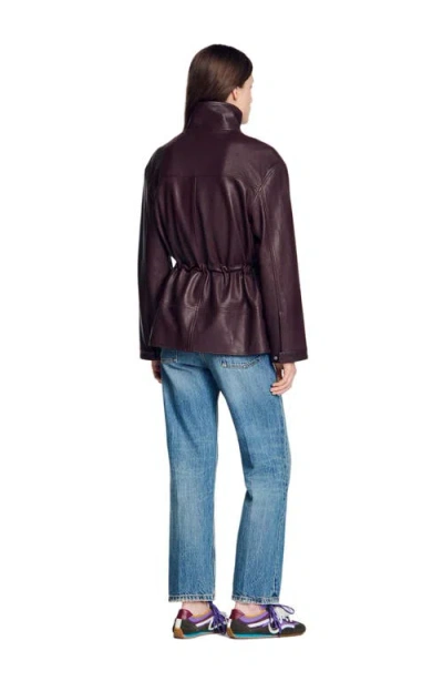 Sandro Oversized Leather Collar Jacket In Burgundy
